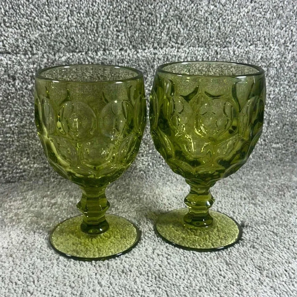 Vintage Imperial Glass Provincial Avocado Green Thumbprint Water Goblets